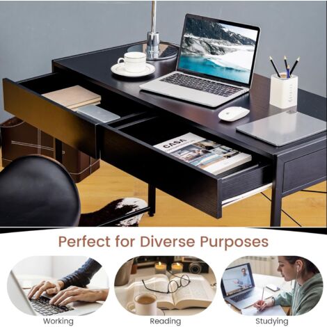 RELAX4LIFE Table Informatique à 2 Tiroirs avec Cadre en Acier Robuste, Bureau Style Industriel Charge Max. 100kg pour Bureau, Salon, 112x48x76cm, Noir