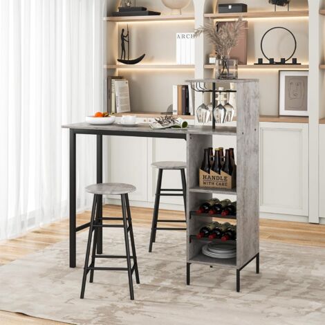 Set Table Bar 2 Personnes Style Industriel - Table Ronde + 2 Tabourets Haut Bois Et Métal Gris