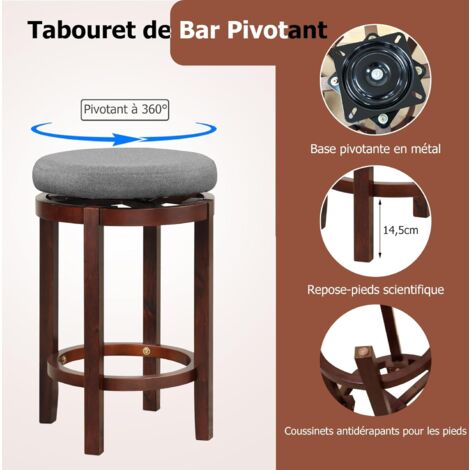 2 Tabourets De Bar Pivotants 71,5 Cm - Simili Cuir Rembourré - Repose-pieds - Charge 150 Kg - Noir/marron - 3
