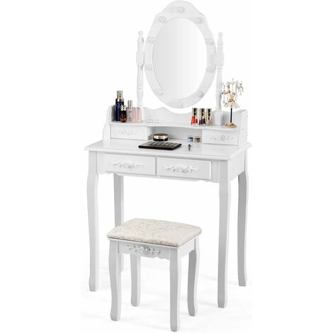 RELAX4LIFE Coiffeuse et Tabouret avec Miroir LED Coulissant, Coiffeuse avec 3 Modes d'Eclairage