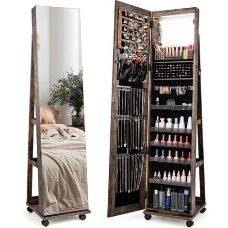 Armoire à Bijoux Pivotante 360° Avec Miroir LED - Rangement Verrouillable, Tablette Pliable - Pour Chambre, Dressing - Blanc