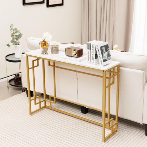 Tribesigns Table Console étroite, Meuble d'Entrée en Faux Marbre,Table d' entrée Scandinave avec Pieds en métal doré en Forme de 2 pétales, Table d'Appoint de Bout de Canapé,105x30x78cm,Marron