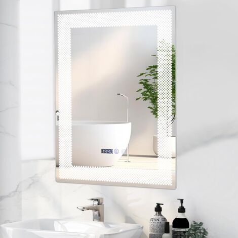 Miroir Salle De Bain LED Anti-buée Avec Affichage Temps/température - Lumière Réglable, Installation Facile