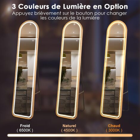 Miroir Sur Pied LED RELAX4LIFE Avec éclairage Réglable - 155x37 Cm, Cadre Doré, 3 Couleurs, Antidéflagrant
