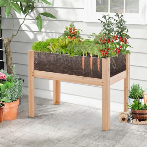 Jardinière Surélevée En Bois Avec Tablette Pliante - Potager Carré Sur Pieds Pour Balcon Ou Terrasse (67x63,5x74,5 Cm)
