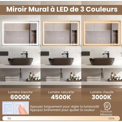 RELAX4LIFE Miroir Salle de Bain LED avec Éclairage 3 Couleurs, Intensité Variable, Miroir Lumineux Salle de Bain Anti-Buée, Fonction Mémoire (75X50cm, Rec)