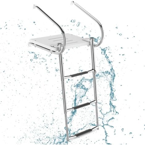 RELAX4LIFE Échelle de Piscine INOX à 3 Marches, Échelle Télescopique pour Bateau avec Plateau, Mains Courantes, Pédales Antidérapantes, Capacité 227 KG pour Piscine Yachits