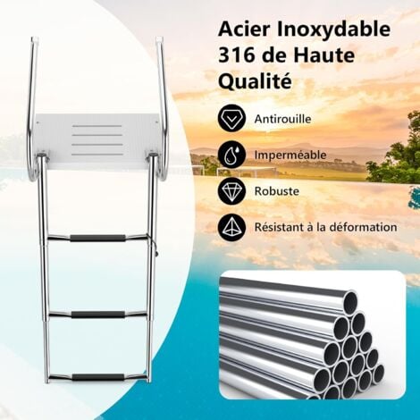 RELAX4LIFE Échelle de Piscine INOX à 3 Marches, Échelle Télescopique pour Bateau avec Plateau, Mains Courantes, Pédales Antidérapantes, Capacité 227 KG pour Piscine Yachits
