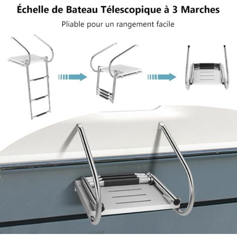 RELAX4LIFE Échelle de Piscine INOX à 3 Marches, Échelle Télescopique pour Bateau avec Plateau, Mains Courantes, Pédales Antidérapantes, Capacité 227 KG pour Piscine Yachits