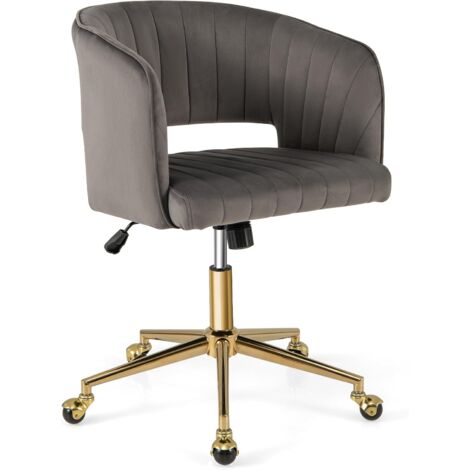 Chaise De Bureau En Velours Gris BAKAJI - Fauteuil Pivotant Rembourré Avec Roulettes - Hauteur Ajustable 95-105 Cm
