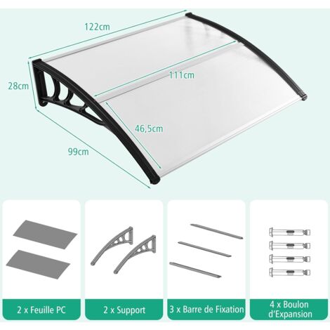 RELAX4LIFE Marquise de Porte Exterieur 120x100 CM, Auvent Porte D’entrée en Polycarbonate, Protection Contre Pluie et UV, Auvent Marquise Aluminium pour Terrasse Balcon (Noir, 120 x 100 cm)