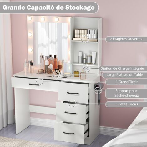 Ensemble Coiffeuse et Tabouret avec Miroir COSTWAY, Lumières à 3 Modes d' Éclairage, Station de Charge, Tiroir, Étagère Réglable - Maison