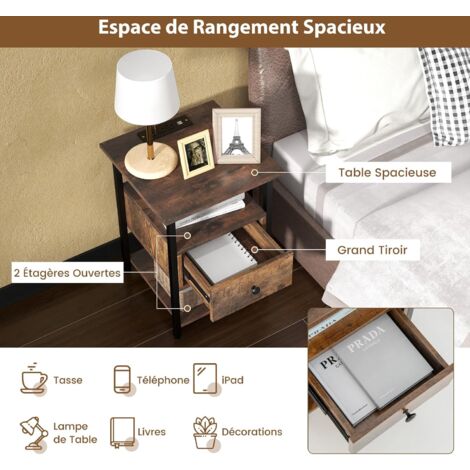 Table De Chevet Avec Prises Et USB - Roulettes, 2 Tiroirs Tissu, 40x28x60cm - Couleur Rétro Pour Chambre, Salon