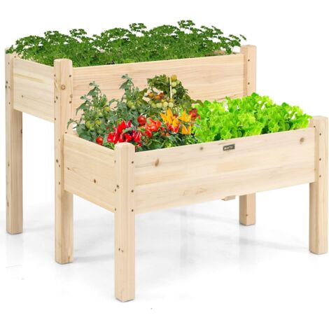 Lit de jardin surélevé en bois avec 8 grilles, trous de drainage