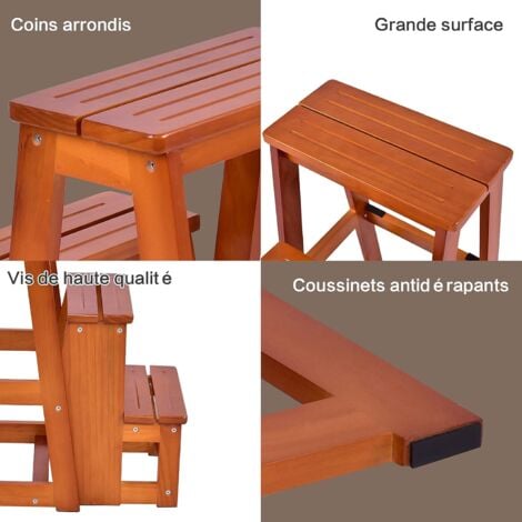 RELAX4LIFE 2 in 1 Sgabello Pieghevole e Scaletta in Legno Naturale a 3 Gradini, per Cucina, Camera da letto, Ufficio, Negozio (Noce)