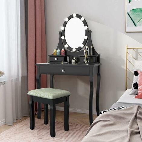 Ensemble de coiffeuse de maquillage, avec miroir HD LED 3 couleurs, avec  table de chevet mobile et tabouret rembourré, meubles de chambre à coucher  à