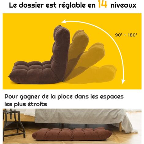 RELAX4LIFE Fauteuil Bas Multiposition Réglable en 14 Angles, Chauffeuse Convertible en Molleton Corail Fauteuil Paresseux 1 Place Adulte Enfant Rembourré Charge 120kg, 105x57x15CM(Brun)