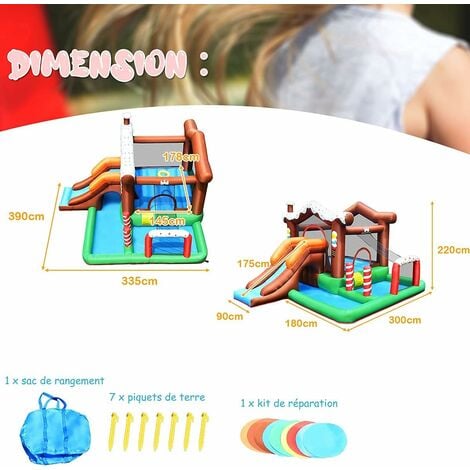 RELAX4LIFE Château Gonflable pour Enfants 3-10 Ans avec Mur d'escalade, Toboggan, Aire de Saut, Maison Gonflable Protégé par Filet de Sécurité, sans Souffleur, 390x335x220 cm