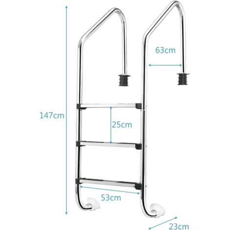 RELAX4LIFE Échelle de Piscine à 3 Marches en Acier Inoxydable avec Protection Antidérapante, Escalier de Piscine Chargeable à 150KG pour Piscines, Centres de Spa, Parcs Aquatiques, 63x146 CM (Modèle 2