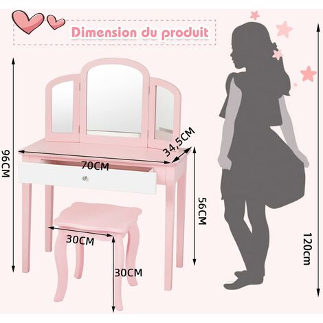 Coiffeuse Fille Avec Miroir Pivotant 360° - 3 Tiroirs + Tabouret - Bois Blanc Et Rose - Capacité 20/40 Kg - Pour Chambre Enfant