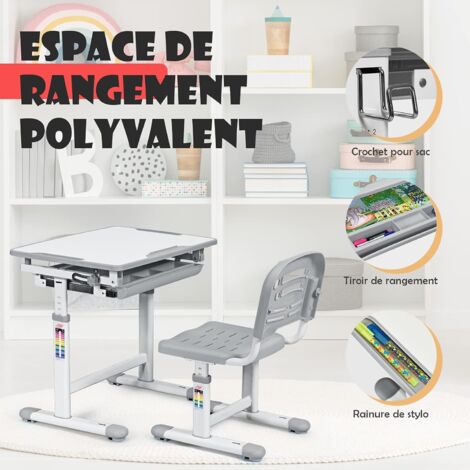 HOMCOM Bureau et Chaise pour Enfant avec Support de Lecture, casier, Crochet et Porte Stylo - Hauteur réglable - 60 x 45 x 90-102 cm - Bleu