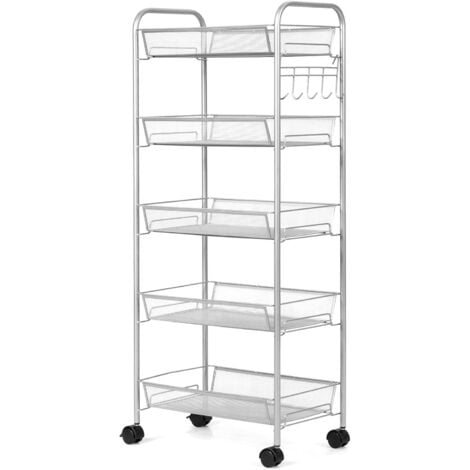 RELAX4LIFE Chariot de Service Multifonctionnel à roulettes avec 3 Niveaux de Rangement,Desserte Mobile en Métal avec Roues Verrouillables pour Cuisine, Salle de Bain, Bureau (5 Niveaux, Gris)