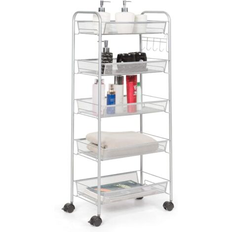 RELAX4LIFE Chariot de Service Multifonctionnel à roulettes avec 3 Niveaux de Rangement,Desserte Mobile en Métal avec Roues Verrouillables pour Cuisine, Salle de Bain, Bureau (5 Niveaux, Gris)