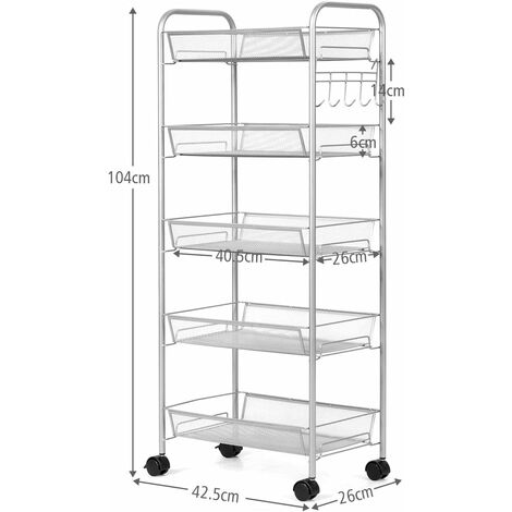 RELAX4LIFE Chariot de Service Multifonctionnel à roulettes avec 3 Niveaux de Rangement,Desserte Mobile en Métal avec Roues Verrouillables pour Cuisine, Salle de Bain, Bureau (5 Niveaux, Gris)