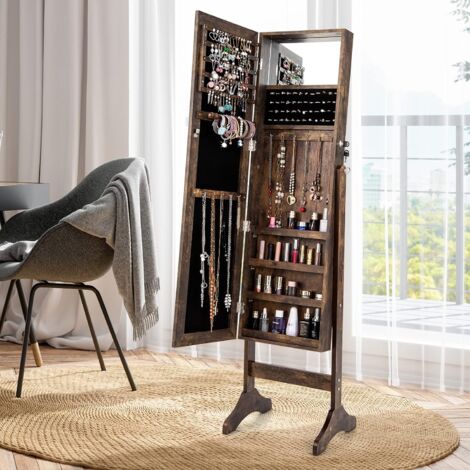 RELAX4LIFE Armoire à Bijoux à Roulettes 360° Avec Miroir Pleine Longueur - Éclairage LED, 5 Étagères Réglables - Blanc