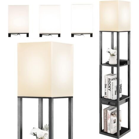 Lampe sur pied avec Étagères en bois, lampadaire 2 en 1 avec étagères à 3  niveaux