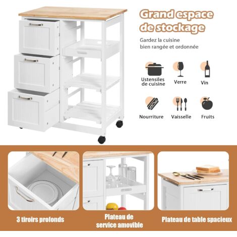 Bolduck (107) Chariot De Cuisine Roulant 3 Niveaux Avec Plateau En Bois – Idéal Pour Îlot De Cuisine, Argent