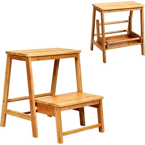 Escabeau Pliable 2 Marches En Bambou - Charge Max 100 Kg, Convertible En Tabouret, Pour Maison, Bureau, 45x51,5x48 Cm