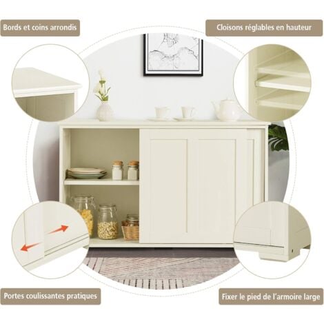 RELAX4LIFE Armoire de Cuisine avec 2 Portes Coulissantes et 2 Couches, Commode Buffet Style Contemporain avec Étagère Réglable pour Cuisine, Chambre, Salon, Blanc / Style 2