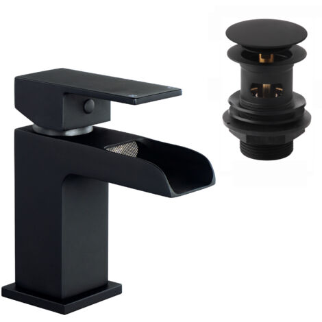 ENKI Plaza Basin Mixer Tap & Waste Sqaure Slotted Black BBT0135