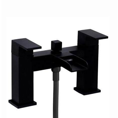 ENKI, Plaza, BBT0160, Matt Black Square Waterfall Bath Shower Mixer Tap with Rigid Riser Shower Rail Kit
