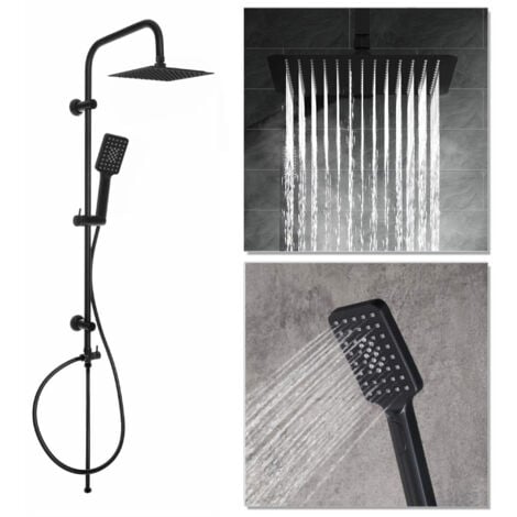ENKI, Plaza, BBT0160, Matt Black Square Waterfall Bath Shower Mixer Tap with Rigid Riser Shower Rail Kit