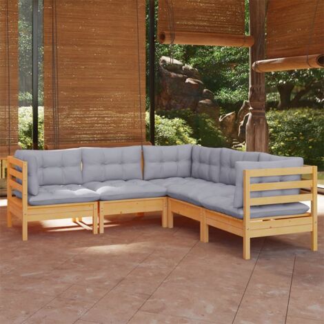 FIMEI Salon de jardin 5 pcs avec coussins gris Bois de pin solide (1/5)