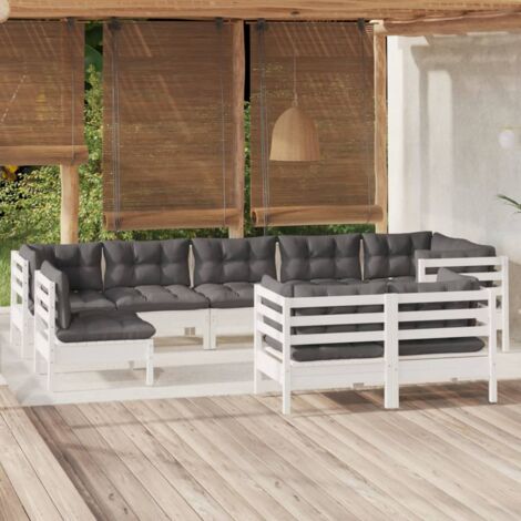 FIMEI Salon de jardin 9 pcs avec coussins Blanc Bois de pin massif (1/5)