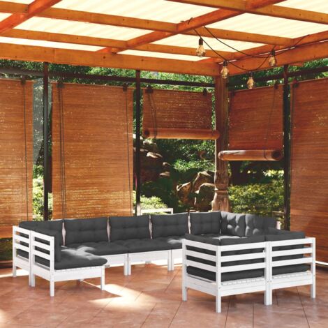 FIMEI Salon de jardin 9 pcs avec coussins Blanc Bois de pin massif (1/5)
