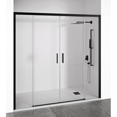 Porte de douche coulissante 2 portes coulissantes + 2 panneaux fixes -Verre trempé 6 mm -Noir Mat -Largeur ajustable 170-175 cm -Hauteur 195 cm