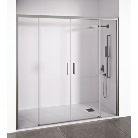 Porte de douche coulissante 2 portes coulissantes + 2 panneaux fixes -Verre trempé 6 mm -Argent Brillant -Largeur ajustable 180-185 cm -Hauteur 195 cm
