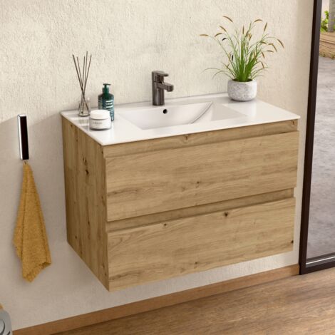 BELLOBATH - Meuble Salle de Bain avec Plan Vasque en Céramique, Meuble Monté avec 2 Tiroirs, 100 x 55 x 46 cm, Meuble Chêne