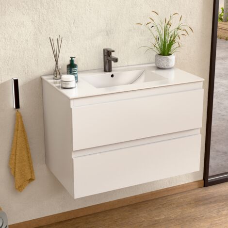 BELLOBATH - Meuble Salle de Bain avec Plan Vasque en Céramique, Meuble Monté avec 2 Tiroirs, 60 x 55 x 46 cm, Meuble Blanc