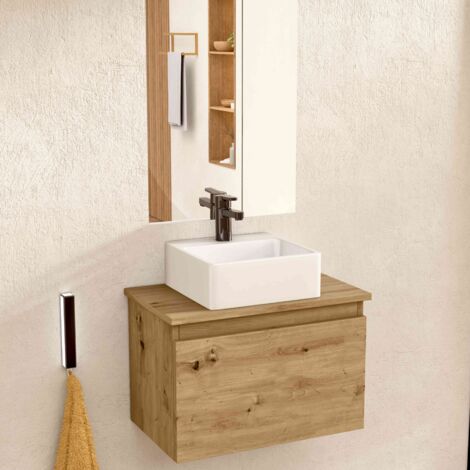 BELLOBATH - Meuble de salle de bain suspendu avec lavabo en céramique et miroir, meuble avec porte abattante, 50 x 32 x 30 cm, meuble en chêne