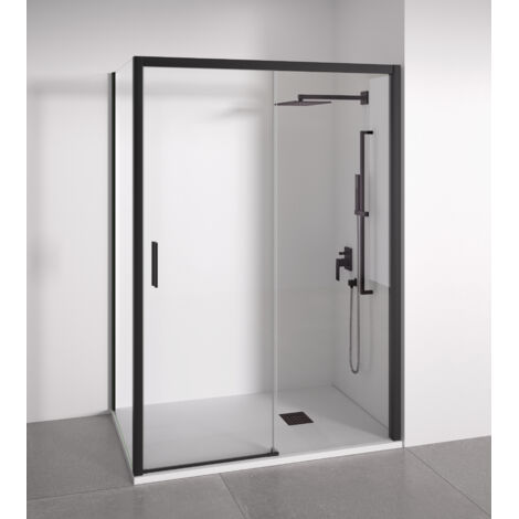 Paroi de douche angulaire 1 coulissante + 2 fixes - Verre 6mm - Noir mat - Largeur 145-150 x 72-75 cm - Porte gauche - Hauteur 195cm (1/5)