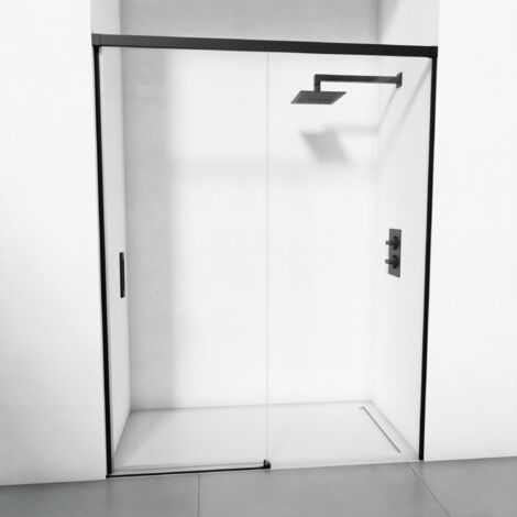 Paroi de douche réversible 1 coulissante + 1 fixe - Verre transparent 6 mm anticalcaire - Noir mat - Largeur 141-145 x 195 cm (1/5)