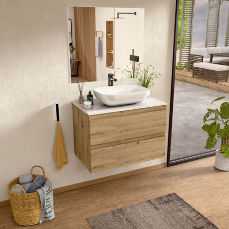 BELLOBATH – Hängender Badezimmerschrank mit Keramikwaschbecken und Spiegel, Badezimmerschrank mit 2 Schubladen, 80 x 55 x 46 cm, Eiche und weiße Platte