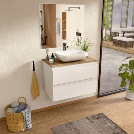 BELLOBATH – Hängender Badezimmerschrank mit Keramikwaschbecken und Spiegel, Badezimmerschrank mit 2 Schubladen, 80 x 55 x 46 cm, weißer Schrank und Eichenholzplatte