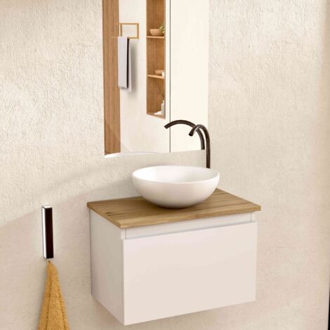BELLOBATH – Hängender Badezimmerschrank mit rundem Keramikwaschbecken und Spiegel, Badezimmerschrank mit Waschbecken und 1 Schublade, 49,5 x 32 x 30 cm, Möbel in Weiß/Eiche