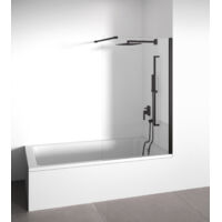 Badewannenabtrennung mit feststehender Frontscheibe – Transparent – 6 mm starkes, kalkabweisendes Hartglas – Mattschwarze Profile – Breite anpassbar von 88 bis 90 cm – Höhe 145 cm